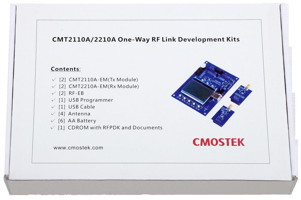 AN103 CMT2110A/2210A One-Way RF Link Development Kits User s Guide Introduction CMT2110A/2210A One-Way RF Link Development Kits (Development Kits) are a set of the hardware and software tools