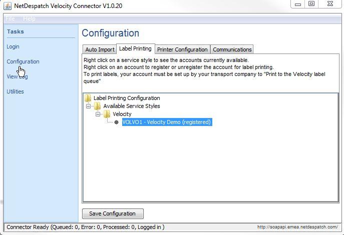 Configuration: Auto Import This section is not required for use with XML Integration Configuration: Label Printing For NetDespatch Velocity Connector to automatically produce labels the account will