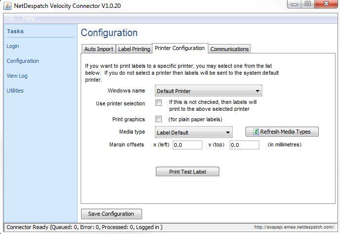 Note : To enable your accounts on NetDespatch Velocity Connector your NetDespatch account needs to be set to Add to Velocity label queue.