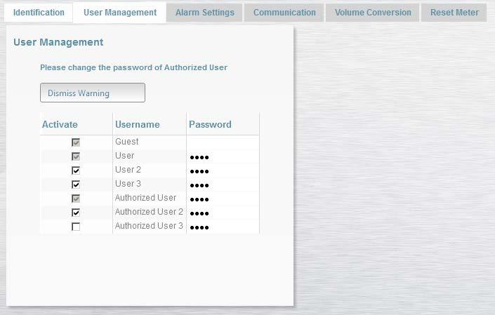 2 User management The User management step within the assistant allows the activation of users available for the device as well as the password for each individual user.