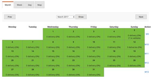 Deliveries By month This view allow you to easily see the deliveries per day for a month : A color representing the whole occupation of time slots (the gauge is visible if there is no time slot with