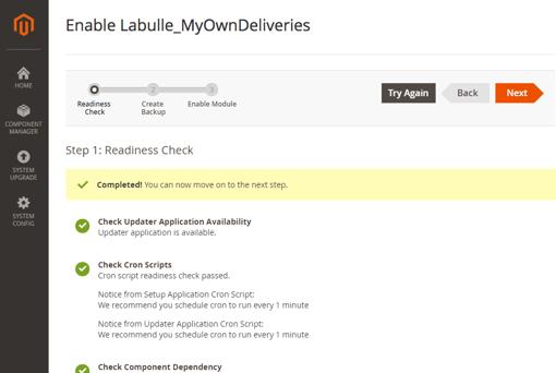 Simply click Enable on line with LaBulle_MyOwnDeliveries In case Magento is set up properly you ll see the notification that all of the