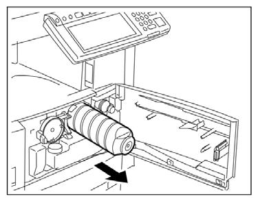 appears. Removing the Toner Cartridge 1. Open the front cover. 2. While pushing on the latch, open the cartridge holder. 3.