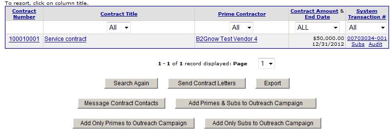 3. Click Search First 20 Matches. The matching results display. You can click a contract number or title to view more information about a specific contract.