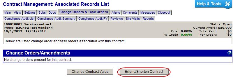 To change the end date of a contract 1. If necessary, locate and open the contract. 2. On the Contract Management page, click the Change Orders & Task Orders tab. 3.