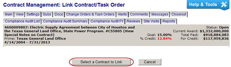 Click Link Existing Contract As Task Order. 4. Click Select a Contract to Link. 5.