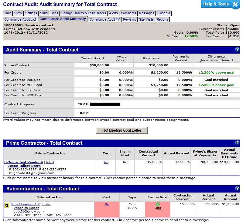 Viewing the Audit Summary On the Contract Audit: Audit Summary for Total Contract page, you can view the total payments your organization paid to the prime contractor and the reported payments the