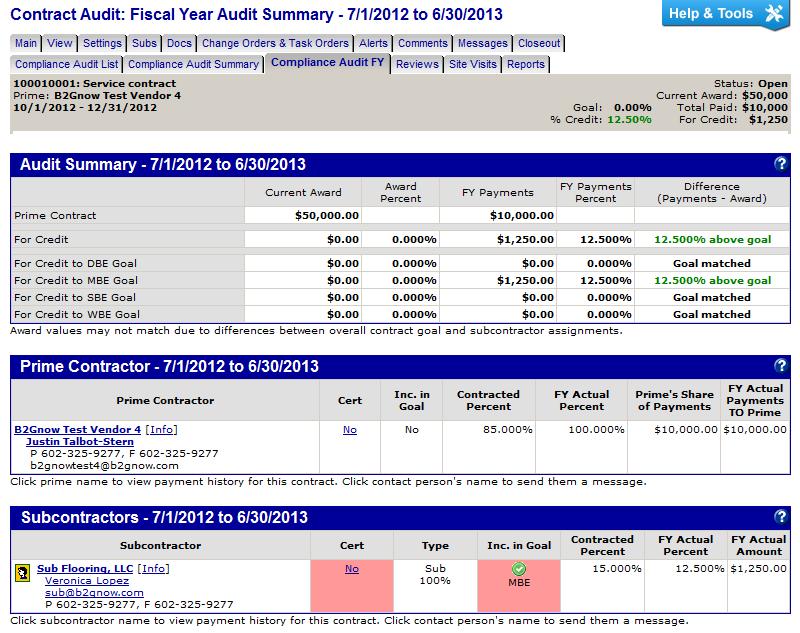 Viewing the Fiscal Year Audit Summary On the Contract Audit: Fiscal Year Audit Summary page, you can view an audit summary for the contract s fiscal year, including payments made towards