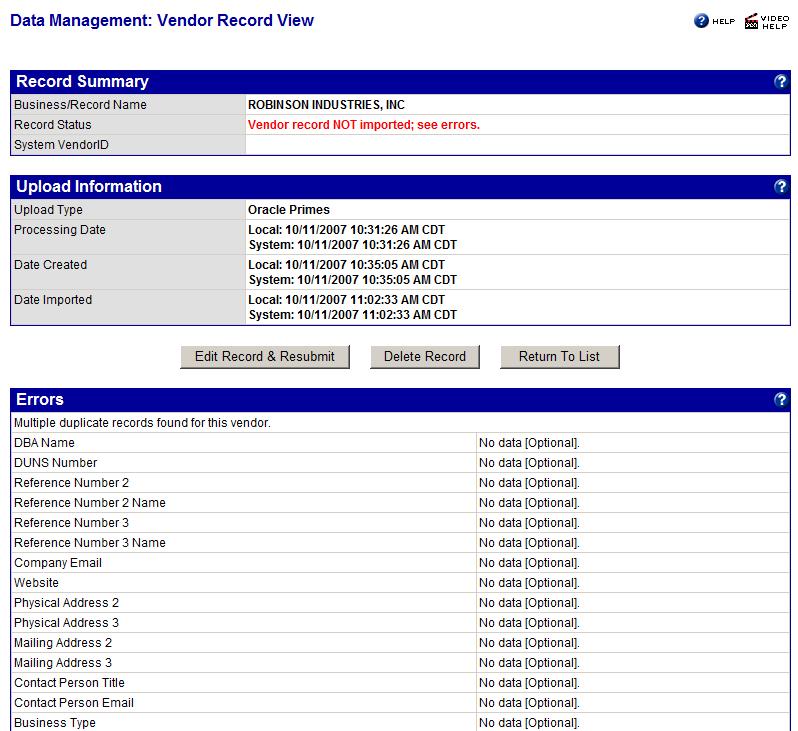 The view page displays the entire vendor record and lists all errors with