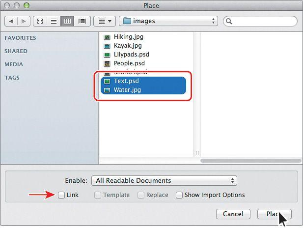 Click the visibility column of the Pictures and the Text layers to show the contents for each, and then ensure that the Background layer is selected. 2. Choose File > Place. 3.