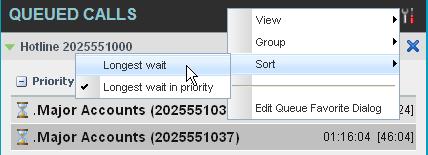 In the Queued Calls pane, click Options. 2. Select Sort and then the ordering option you want. This operation applies to all monitored call centers.
