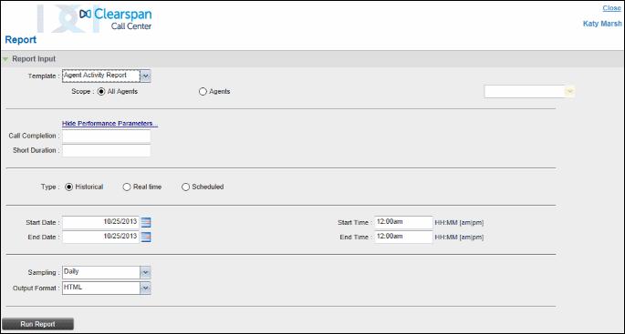 Figure 130 Report Window 2. Select a report template from the drop-down list. The page displays the input parameters for the report. Figure 131 Abandoned Call Report Running Report 3.