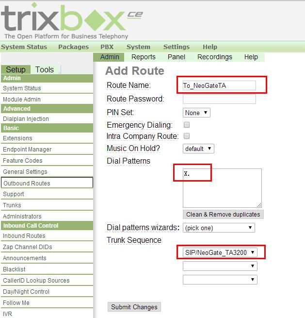 Step 5. Create one outbound route on Trixbox. To make calls from Trixbox to NeoGate TA3200, you need to create one outbound route on Trixbox.