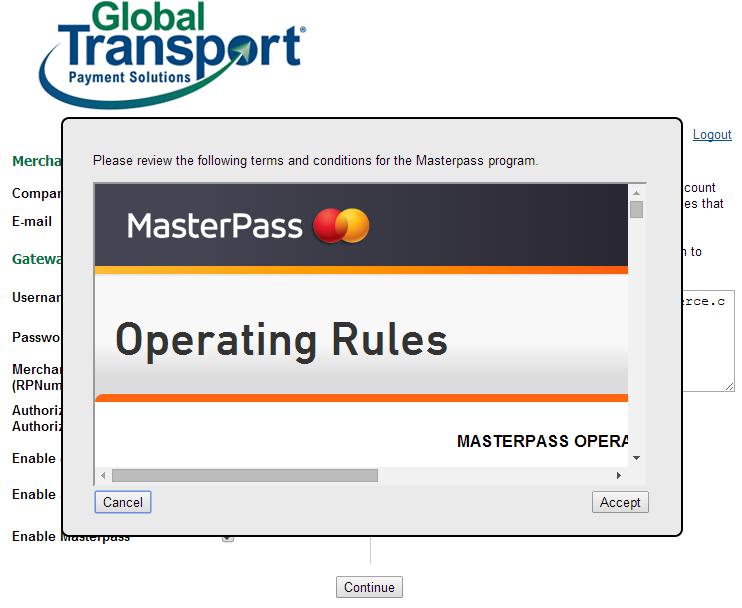 7. Click Accept if you want to review the MasterPass Terms of Use and enable MasterPass.