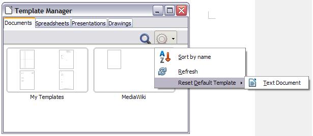 Resetting the default template To re-enable LibreOffice s default template for a document type as the default: 1) In the Template Manager dialog, click the Action Menu icon on the right 2) Point to