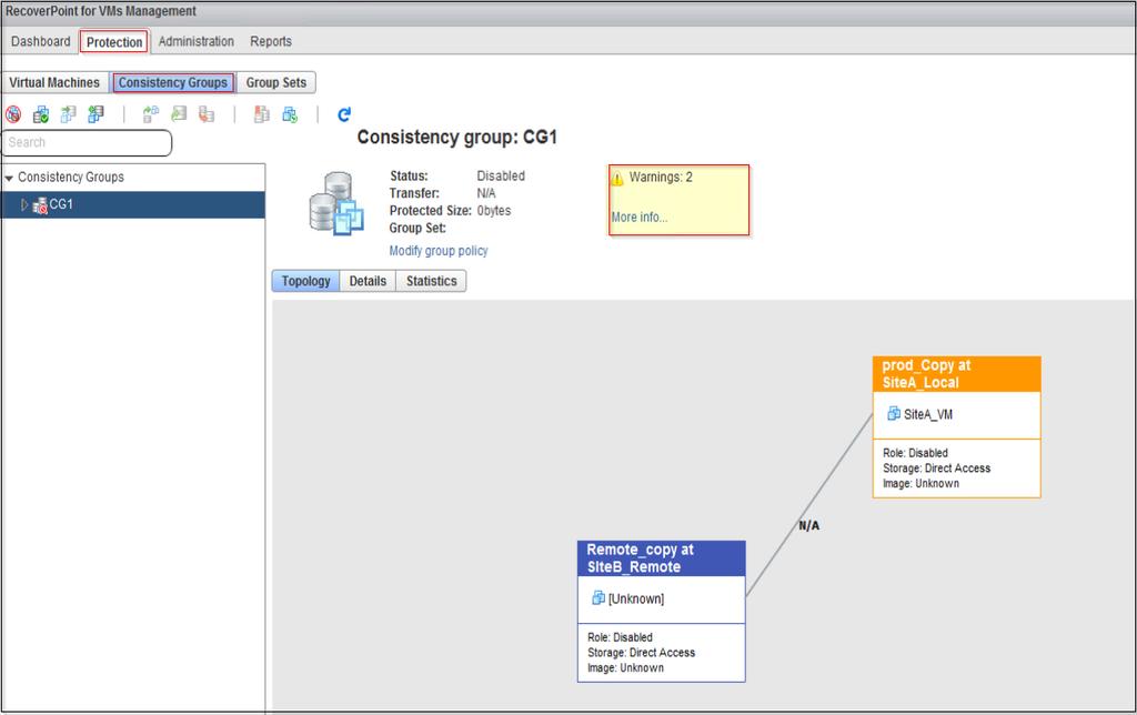 RecoverPoint for VMs Management > Protection> Consistency Groups CG Name.