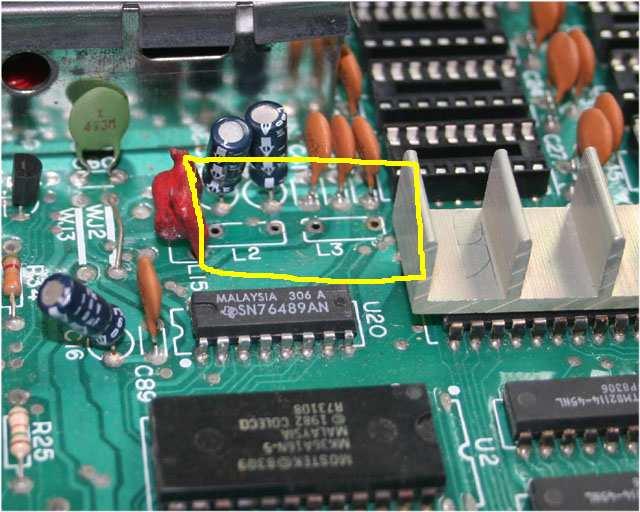 After the sockets are installed, remove L2 (-5v filter for DRAM) and L3 (+12v filter for DRAM.) This will remove the -5v and +12v voltage sources from the DRAM.
