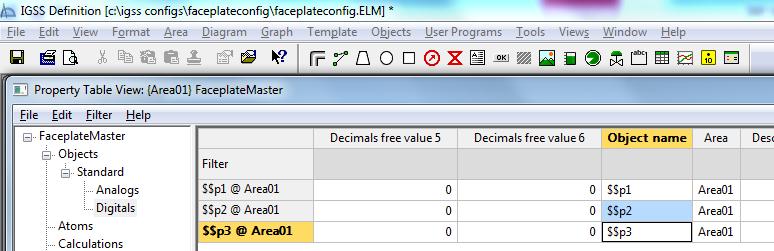 Exercise 10: Create and deploy Faceplates 17. In the left pane of the Property Table View form, click Objects > Standard > Digitals to display the three digital objects.