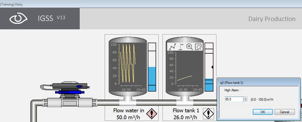 Who has the right to control the pump? 10. Click Back to open the Training diagram. Select the Dairy Production diagram. 11. In the Dairy diagram, locate the q3 analog object (Flow tank 1).