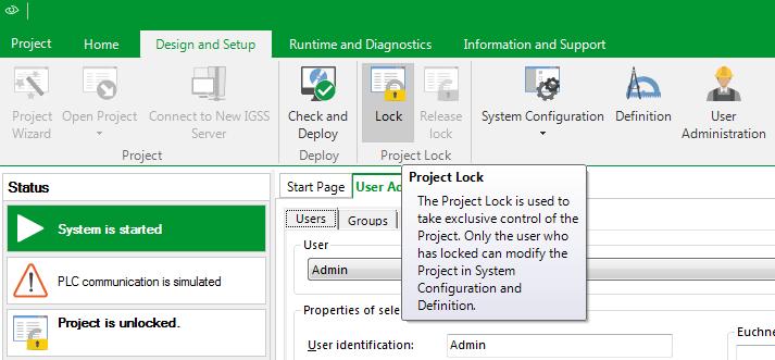 Exercise 12: Create Users & User Privileges; Lock project 7. In the Design and Setup tab s Status pane, it says Project is unlocked. Click the Lock icon to lock the project.