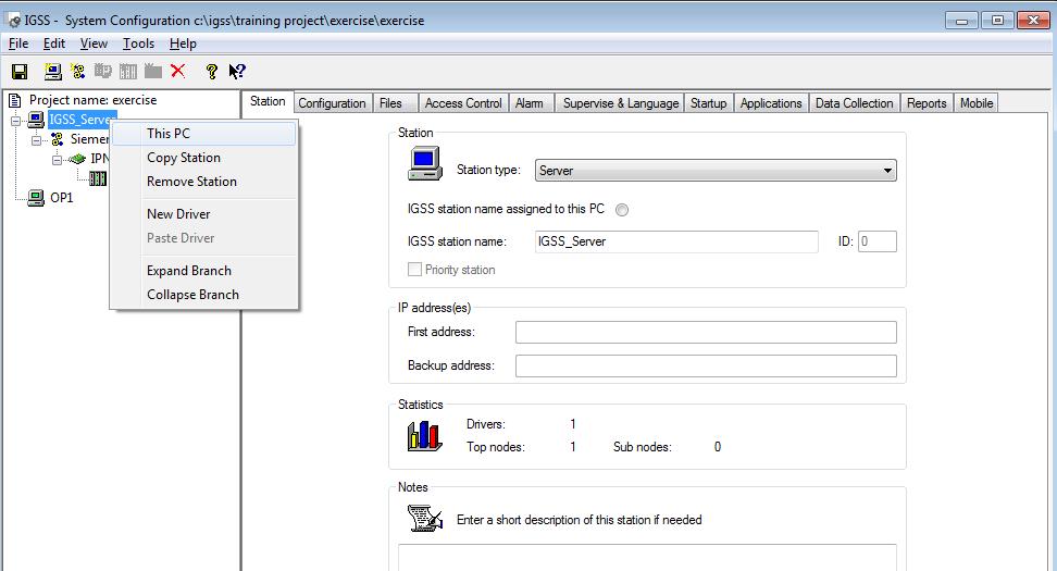 Exercise 2: Creating a new IGSS Project 16. In the left pane, right-click IGSS_serverand select This PC.