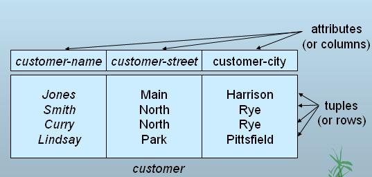 Relation Schema A1, A2,, An are attributes R = (A1, A2,, An ) is a relation schema E.g. Customer-schema = (customer-name, customer-street, customer-city) r(r) is a relation on the relation schema R E.