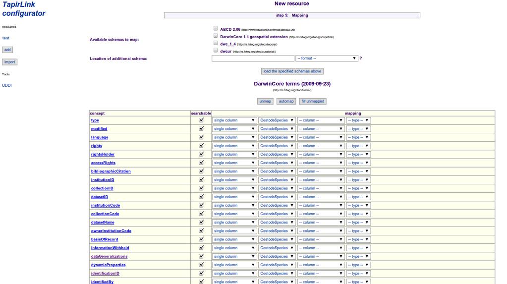 TapirLink - Step5 A large number of selectable fields will appear The left hand column lists Darwin Core Terms The right