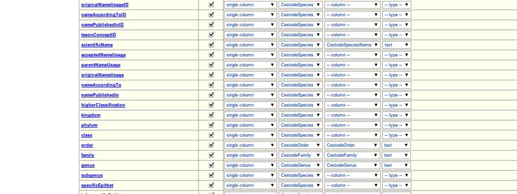 TapirLink Step5 For the scientificname term configure the mapping as follows: Change unmapped-- to --single column--