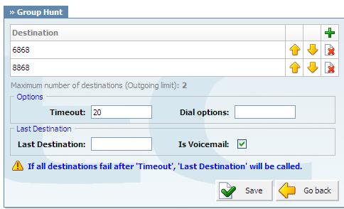 Timeout is the time in seconds each priority number will ring before call is considered unanswered. Last Destination is the Last extension to be called if all priority numbers fail to answer.