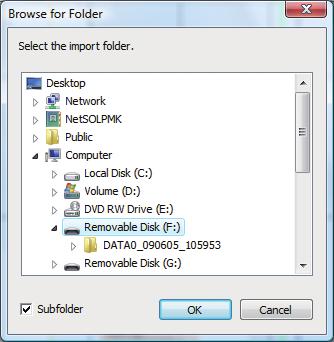 Figure Manual import (folder) screen File Export Files selected from a file list (see "Data Search Function" in a section below) can be exported to a specified folder (such files still remain in the