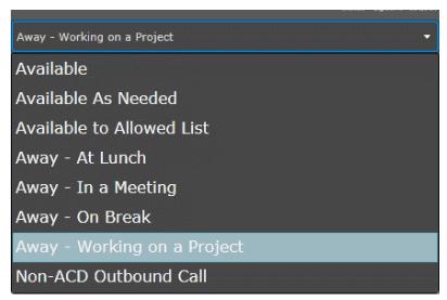 Appendix A Agent Call Manager 67 Figure 0-7 Agent Availability Panel A.1.3.1.1 Availability Options The agent can change their availability through the Availability Panel drop down menu.