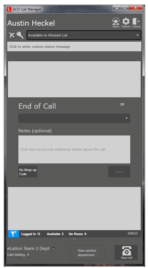 80 Appendix A Agent Call Manager A.1.4.0.5 End of Call Screen When the agent has finished a customer care call, a End of Call screen will appear.