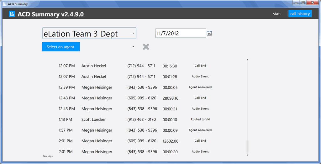 the user to view call history information and recordings for any department or agent in the
