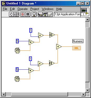 Example 1: Craps (continued) Delete the wire Add a multiplication node and a numeric constant to allow multiplication by 5 Add an addition node and numeric constant to allow addition of 1 Add a