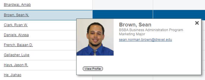 Hover over a student s name, or click on the row associated