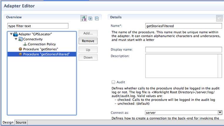 xml Design view window in Worklight Studio, and remove Procedure GetStoriesFiltered from Overview