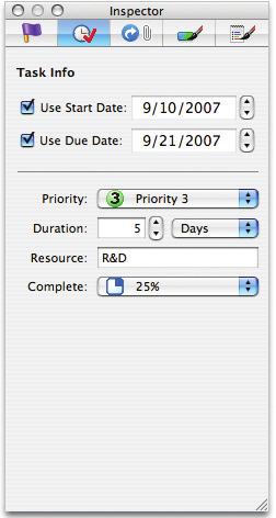 ADD TASK INFORMATION You can add task information to topics that includes task priority, start and due dates, % complete, duration, and resource information.