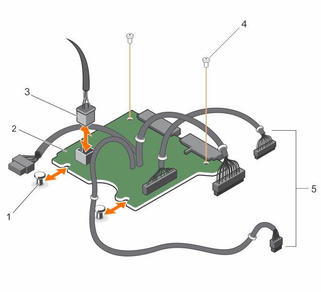 Figure 57. Removing and installing the power interposer board 1. standoffs (2) 2. power interposer board 3. fan cable connector 4. screw (2) 5.