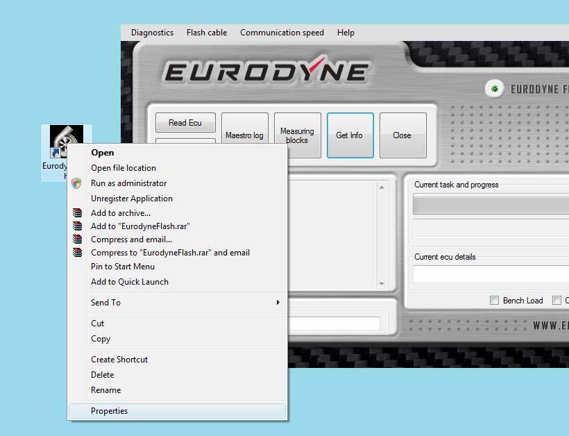 Launching Eurodyne Flash in Vista If you are using Windows Vista - select the run as an administrator option by right clicking on the Maestro Flash