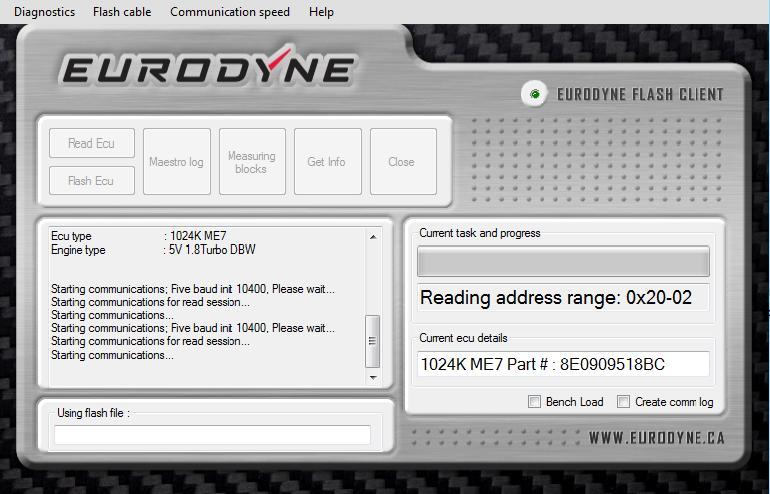 Using the High Speed Logger Step 1 Connect your Powertap Tuning Cable to your computer and plug it into your vehicle s OBDII port. Open the Eurodyne Flash Client software. Start your vehicle.