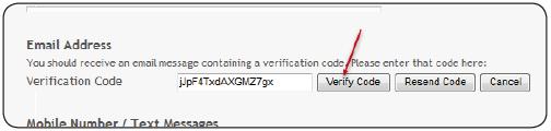 A message is sent to the email address entered which contains the verification code. The fields are replaced with the Verify Code, Resend Code, and Cancel buttons.