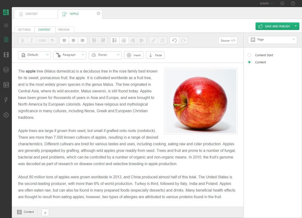 Figure 16: Editing a page NOTE: If the template the page is based on has multiple content areas, you can switch between the content areas on the right. 3.