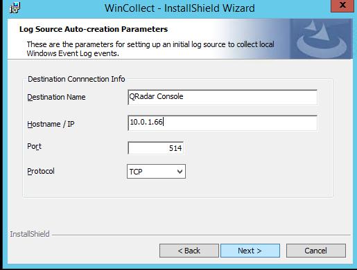 9. Enter the Hostname / IP address of the QRadar Console. 10. Choose TCP as the Protocol for sending application logs from the windows member. 11.