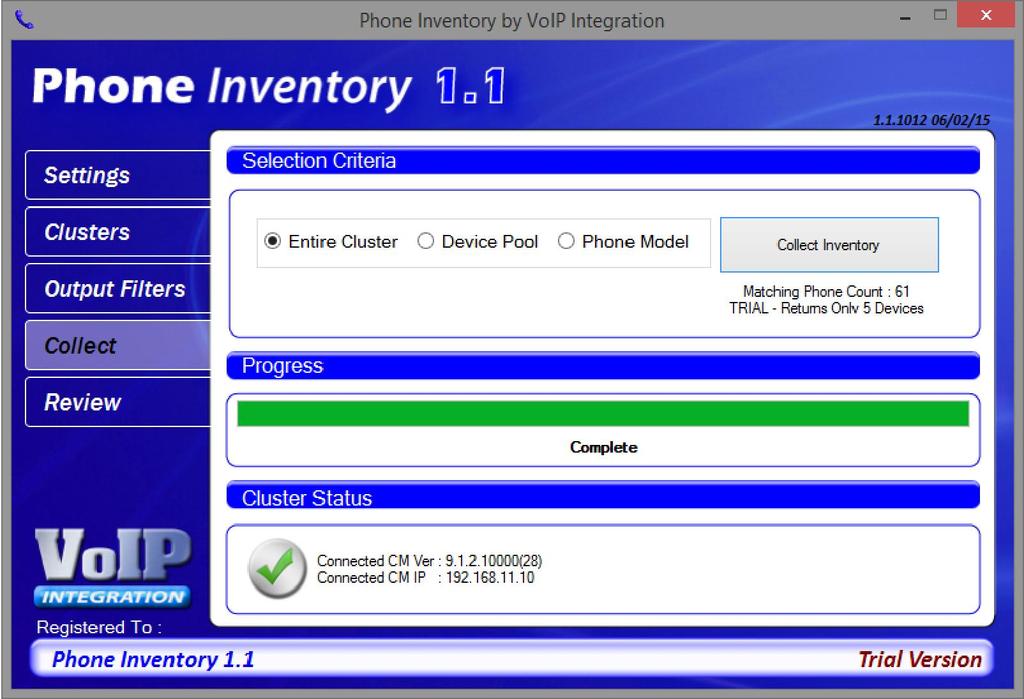 Collecting Data Once Phone Inventory is connected to a Call Manager you can select the Collect button in the left pane, this will open the Selection Criteria and Collection List page.