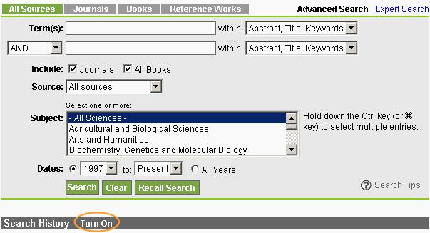 ScienceDirect Help Recalling Search History You can recall a saved Search History table. See Saving Search History for information about saving a Search History table.