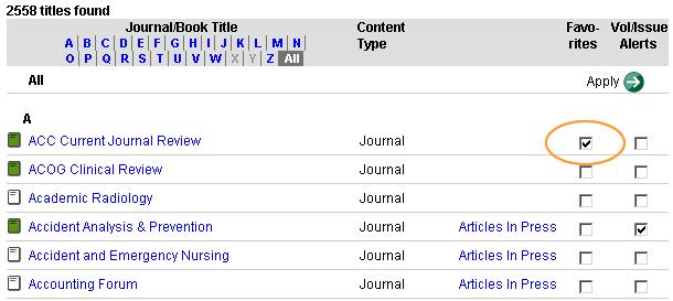 Customizing ScienceDirect Favorites Managing Favorites To add or remove favorite titles From Browse pages: 1.