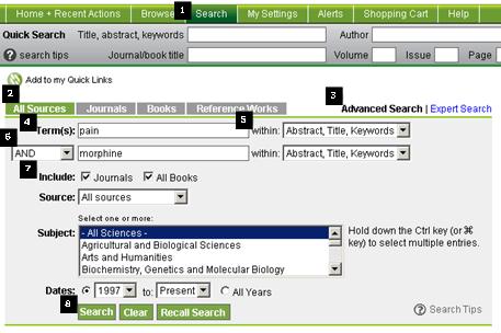 ScienceDirect Help Additional Options Restricting Your Search by Source, Subject, or Date Recalling a Saved Search Rerunning Searches Adding Quick Links Related Topics All Sources Advanced