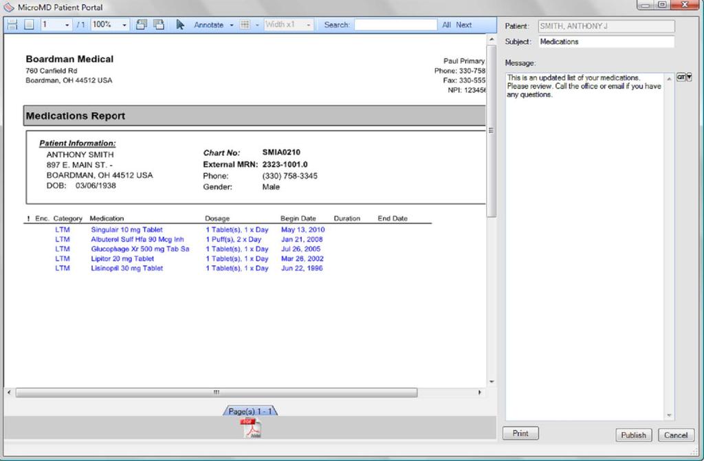 Example of MicroMD records section Example MicroMD Patient Portal Medical Records Window From the MicroMD Patient Portal window, we can change the subject of the message or print a paper copy.