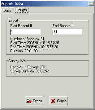 9 10 Main Menu File Once a File is opened, the File Menu selections appear as follows: Main Menu (File - Export Data) Export Data Select the type of data and parameter to export.