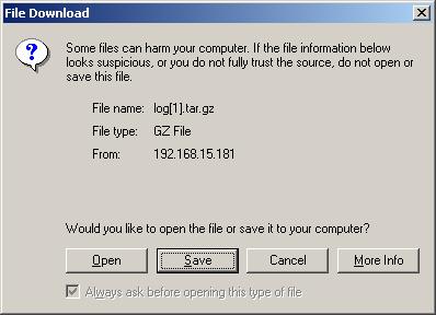 Checking the log collection procedure 5. When log collection is completed, a file saving dialog box of the browser is displayed. Specify a location to store the file and down load the logs.